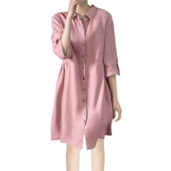 biudgviw Plus Size Dresses for Women Casual Long Sleeve Cotton Linen Midi Dress Fall Flowy Pleated Buttons down Blouses Dress