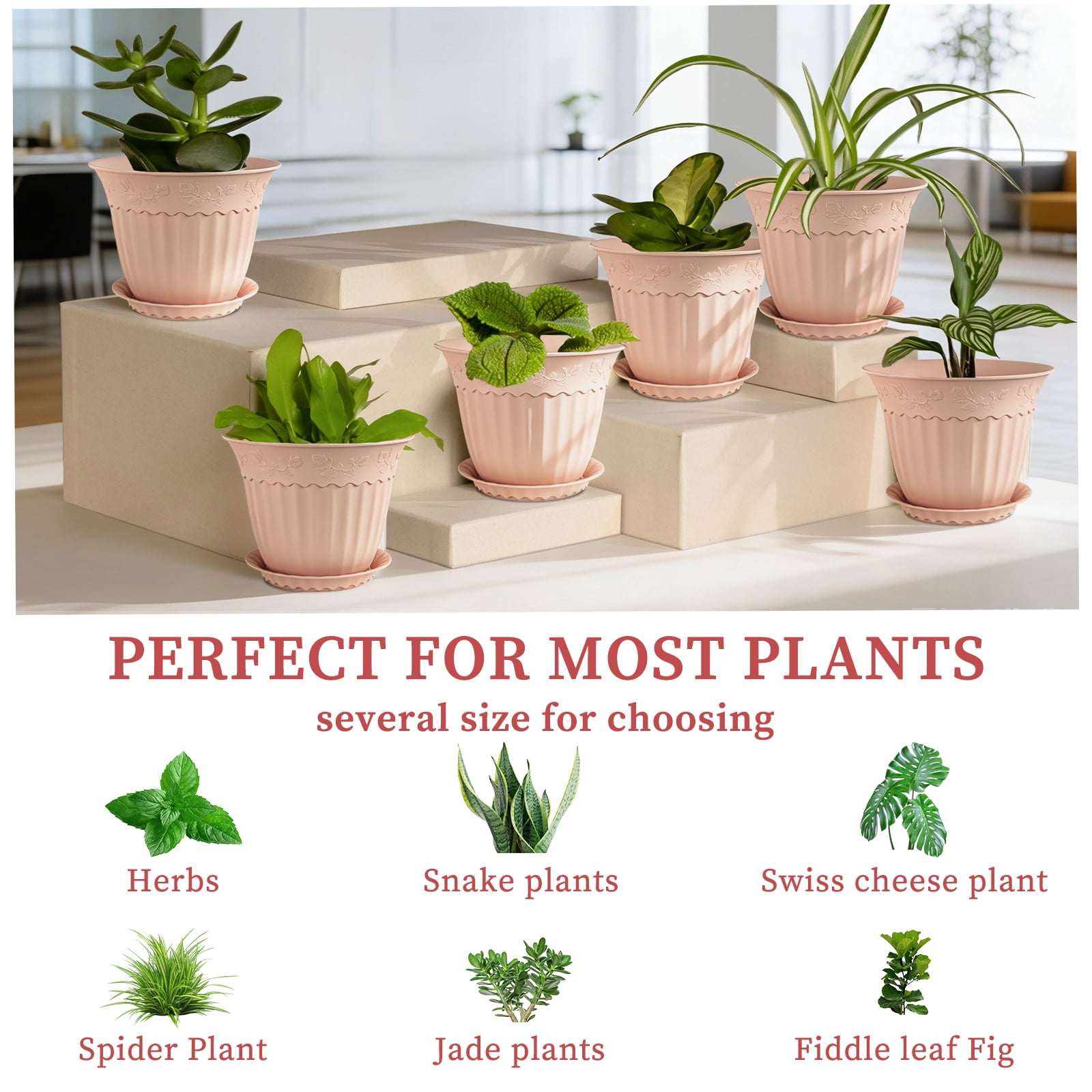 FIASON 6 Pack 8 Inch Pink Embossed Plastic Plant Pots, Vine Pattern Flower Planters with Drainage Holes and Saucers, Indoor Outdoor Decorative Plant Pots