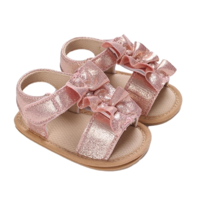 GiLiling Baby Girls Sandals, Open-Toe Summer Sandal with Ruffle T-strap, Non-Slip Rubber Sole Prewalker Baby Sandals (Red, 3-6 Months)