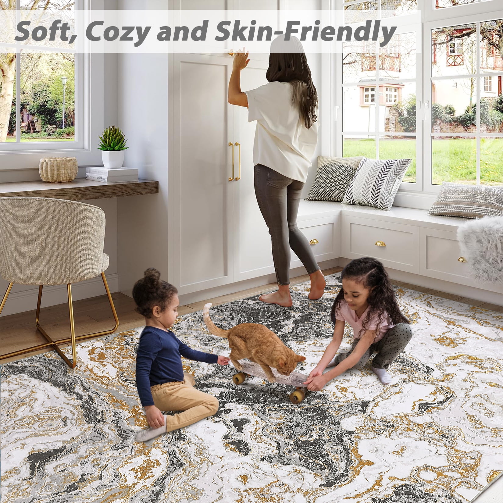 JoanKaren 9'x12' Large Abstract Area Rugs,Machine Washable Rug Modern Marble Rug for Living Room Bedroom Dining Room Office with Non Slip,Grey