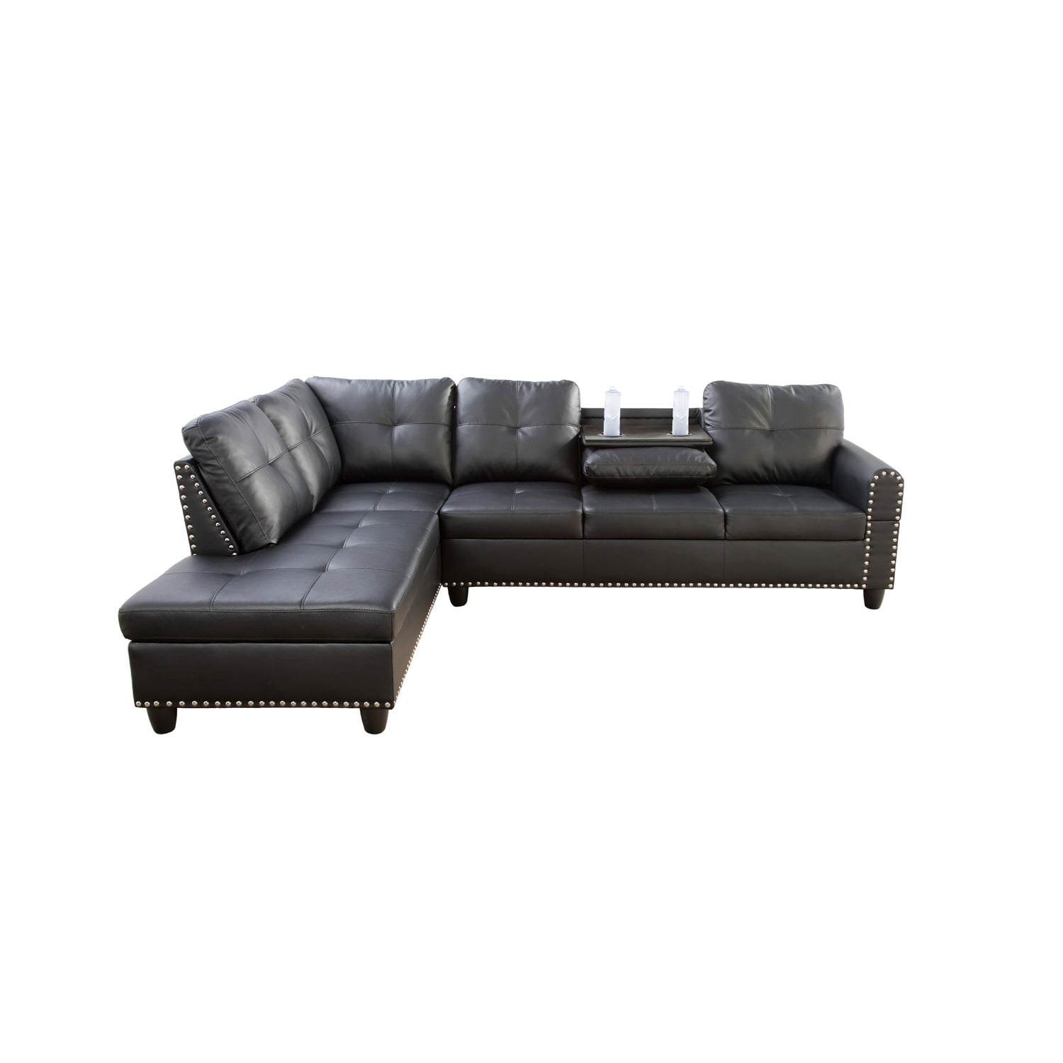 Hommoo Faux Leather Living Room Furniture Set, Modern Nailhead Trim L-Shaped Sectional Couch and Sofa Set with Cup Holder, Left Side, Black