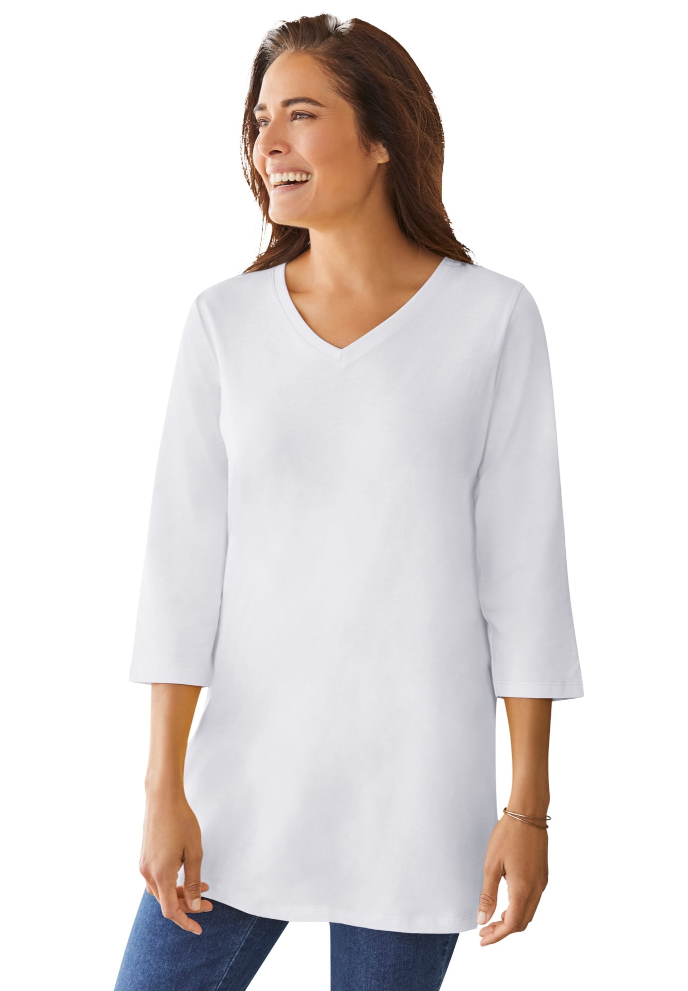 Woman Within Women's Plus Size Perfect Three-Quarter Sleeve V-Neck Tunic 