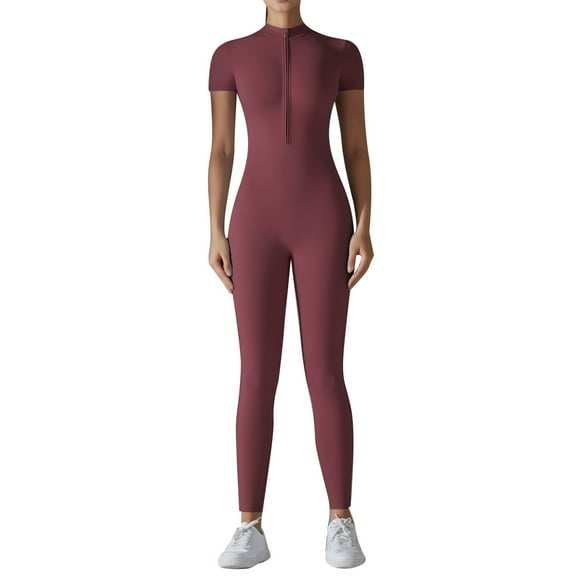 DHFJKG Womens Yoga Jumpsuits Workout Onesie Summer Gym Short Sleeve Zip Front High Neck Buttery Soft Tummy Control Versatile One-Pieces