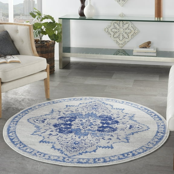 Nourison Whimsicle Classic Farmhouse Ivory Blue 5' x round Area Rug, (5' Round)
