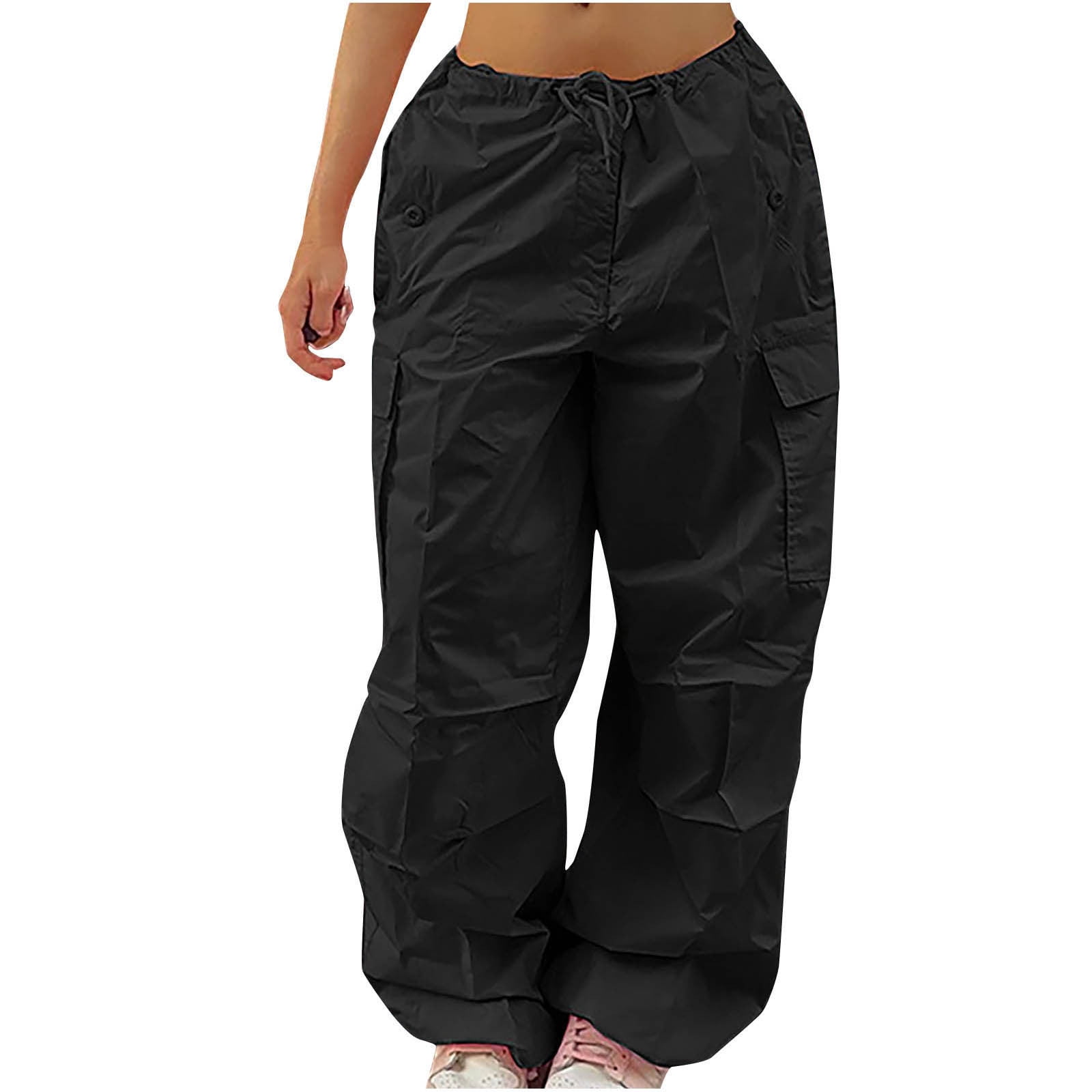 JWZUY Baggy Parachute Pants for Women Drawstring Elastic High Waist Ruched  Cargo Pants Multiple Pockets Jogger Pants Black XXXL