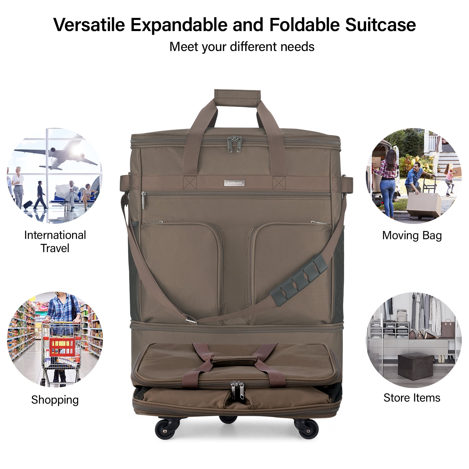 Hanke Suitcases with Wheels Expandable Foldable Luggage Bag Suitcase Collapsible Rolling Travel Bag Duffel Bag for Men Women Lightweight Suitcases,Coffee