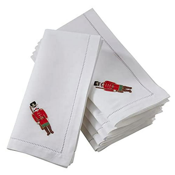 Fennco Styles Embroidered Soldier & Hemstitch Cotton Cloth Napkins 20" W x 20" L, Set of 4 - White Dinner Napkins for Home, Dining Table Décor, Family Gathering, Banquets and Special Events