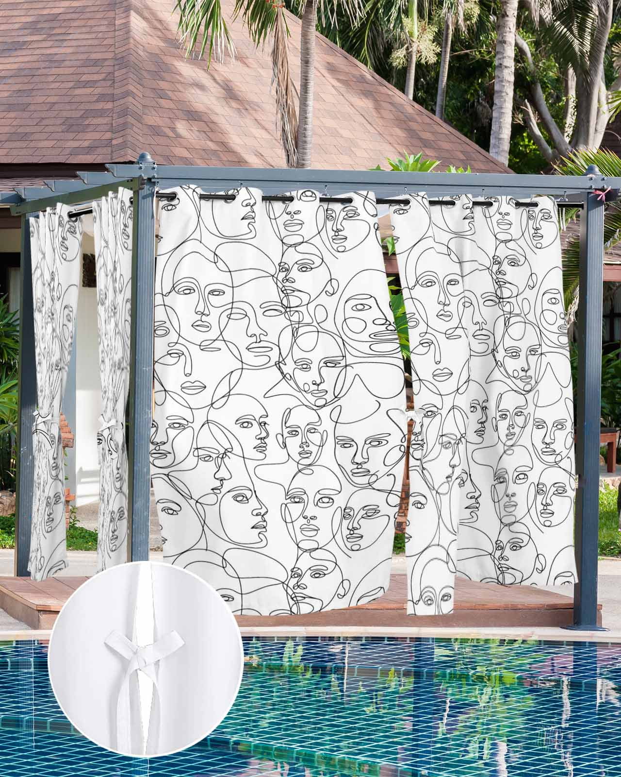 Abstract Style Outdoor Curtains for Patio, Face Line Modern Character Art White Privacy Drapes Grommet Waterproof Outside Curtains for Porch/Cabana/Balcony 54"x 108", 1 Panel
