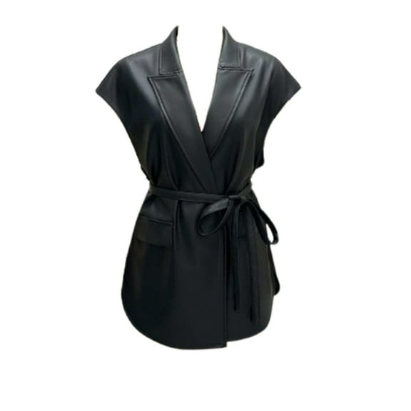 Women's Leather Vest Sleeveless PU Jackets Notch Lapel Belted Blazer Black XL