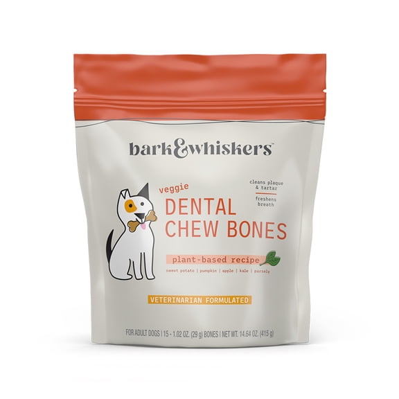 Bark & Whiskers Dental Chew Bones, 1.02 Oz. (29 g), 15 Bones, Freshens Breath & Reduces Plaque, Veterinarian Formulated, Non-GMO, Dr. Mercola