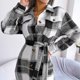 thumbnail image 2 of Abrigo a cuadros para mujer con cinturón en la cintura Chaqueta con botones de manga larga engrosada para otoño invierno Negro M, 2 of 8