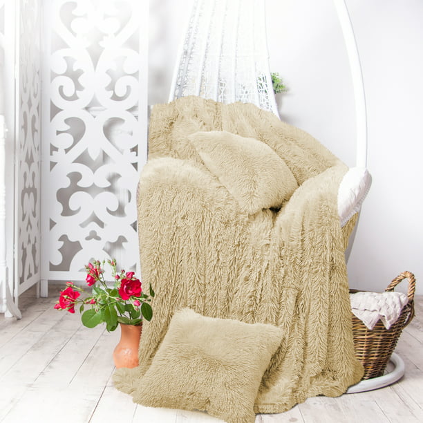 Faux Fur Fleece Throw Blanket w 2 Shaggy 18x18" Cushion ...
