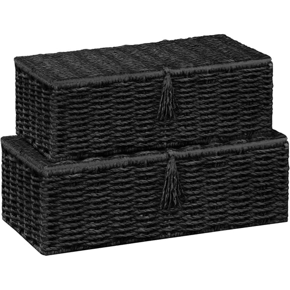 Wicker Shelf Baskets with Lid, Set of 2 Handwoven Wicker Storage Baskets for Shelves, Rectangular Storage Bins with Lids, Decorative Storage Boxes, Small Wicker Baskets for Organizing, Black