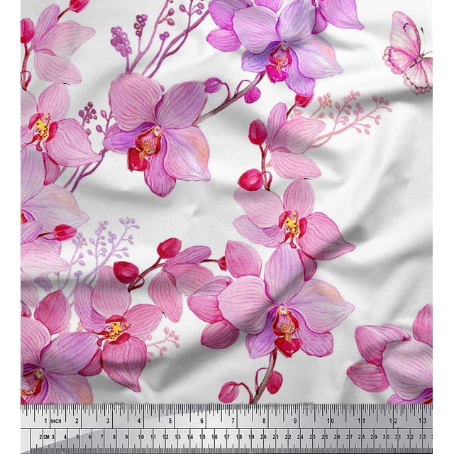 Soimoi Poly Georgette Fabric Bird & Orchids Flower Print Fabric by Yard 52 Inch Wide