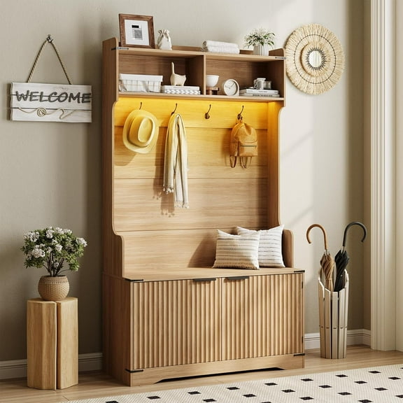 VEANERWOOD 5-in-1 Coat Rack with 4 Hooks, Farmhouse Hall Tree with LED Sensor Lights, Storage Bench, Shoe Cabinet for Hallway, Living Room, Oak
