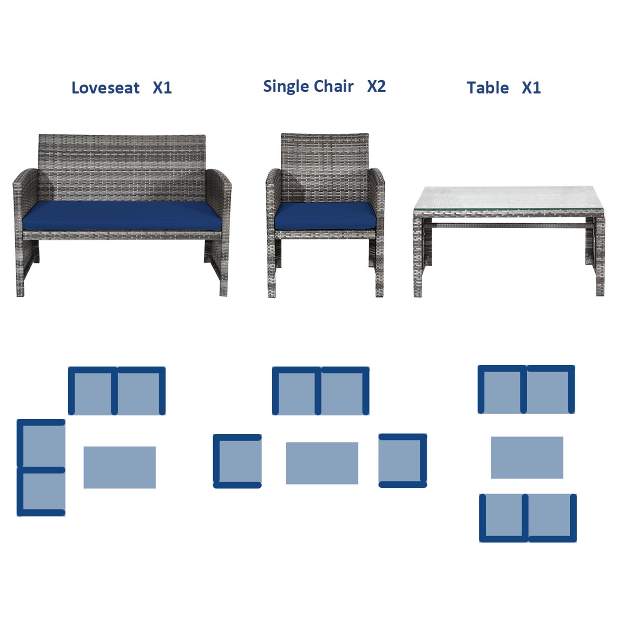 Gymax 8PCS Patio Outdoor Rattan Conversation Furniture Set w/ Navy Cushion