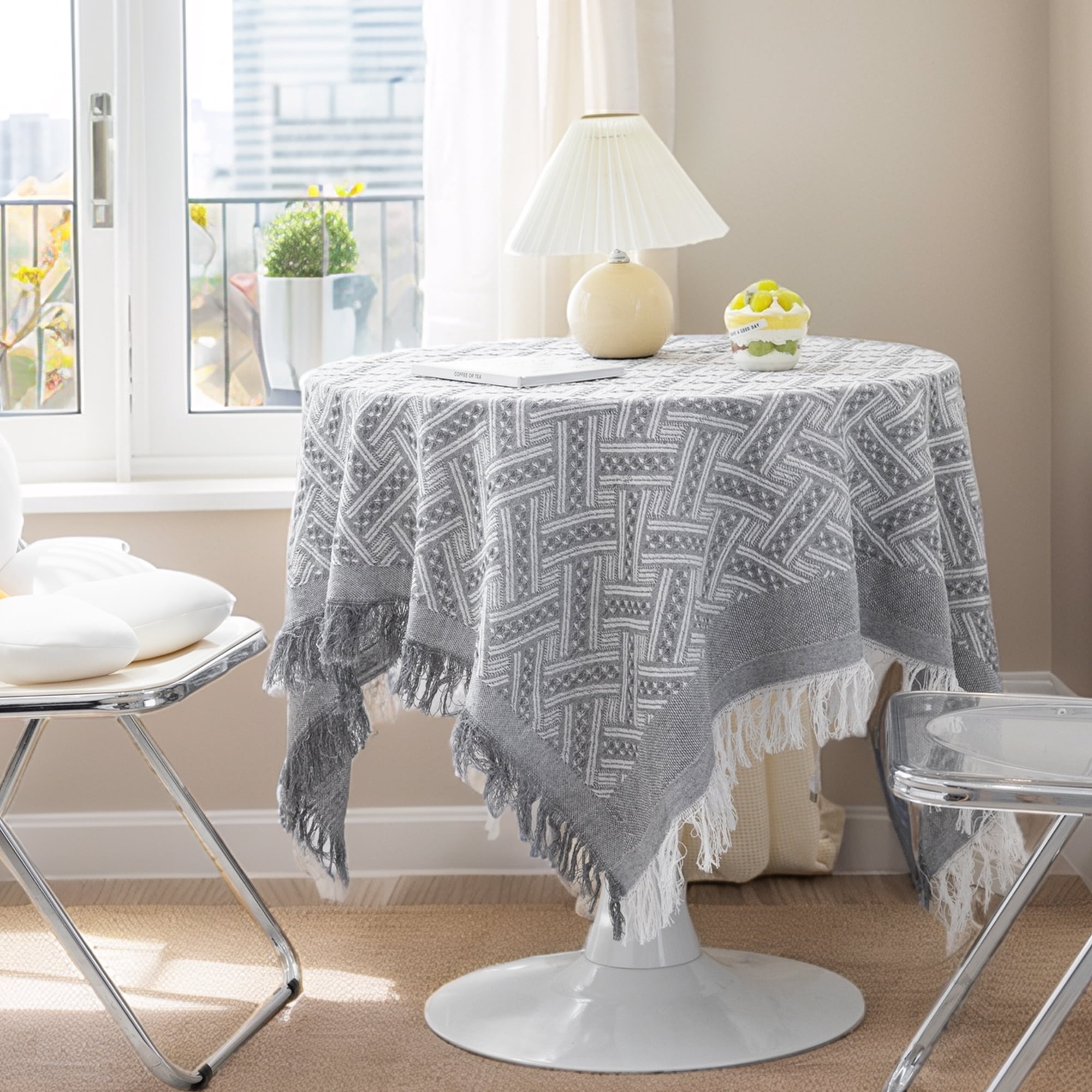 Unique Bargains Tablecloths with Tassel for Multiple Use Light Gray 35.4"x35.4"