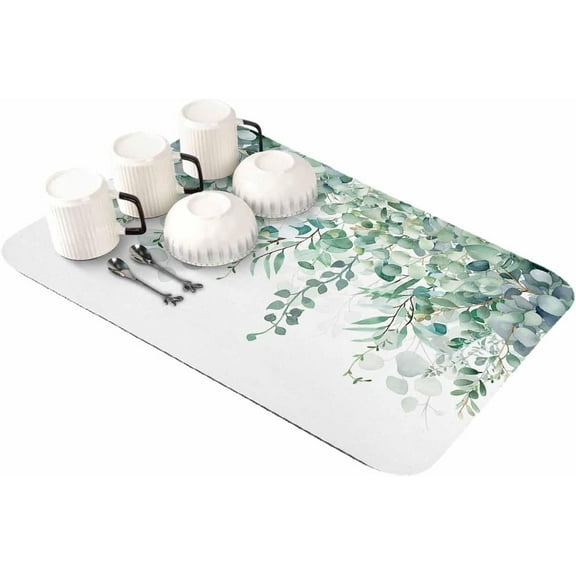Teal Eucalyptus Leaves Dish Drying Mat for Kitchen Counter, Super Absorbent Quick Dry Coffee Bar Mat Pad Thin Diatomaceous Sink Mat Non Slip Dish Drainer Mat 23.5x15.5 Spring Floral Summer Botanical