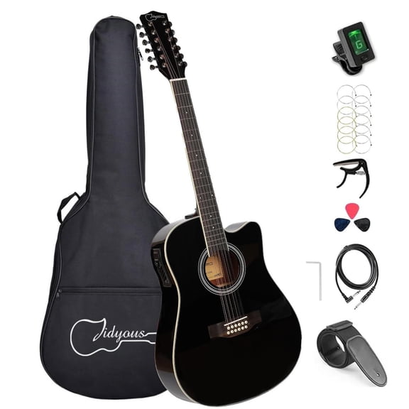Jidyous Dreadnought Docerola 4/4 Guitarra Electroacústica 12 cuerdas con octavado, con Funda Acolcha