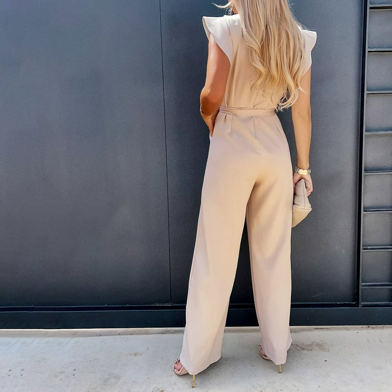 JGTDBPO Jumpsuits For Women Casual Solid Straight Leg Jumpsuit