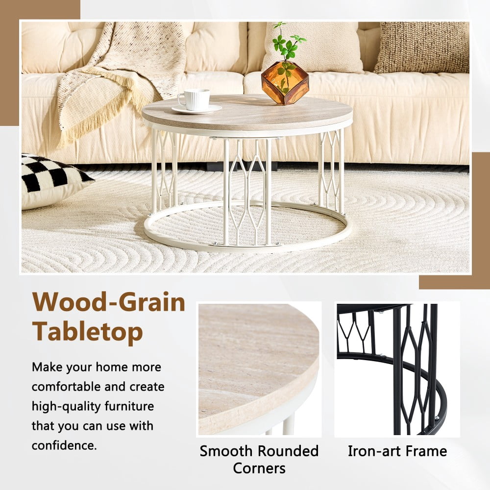 Round Coffee Table, 27.5" Coffee Table with Stone-Effect Travertine Top, Metal Frame, Modern Living Room Table, White