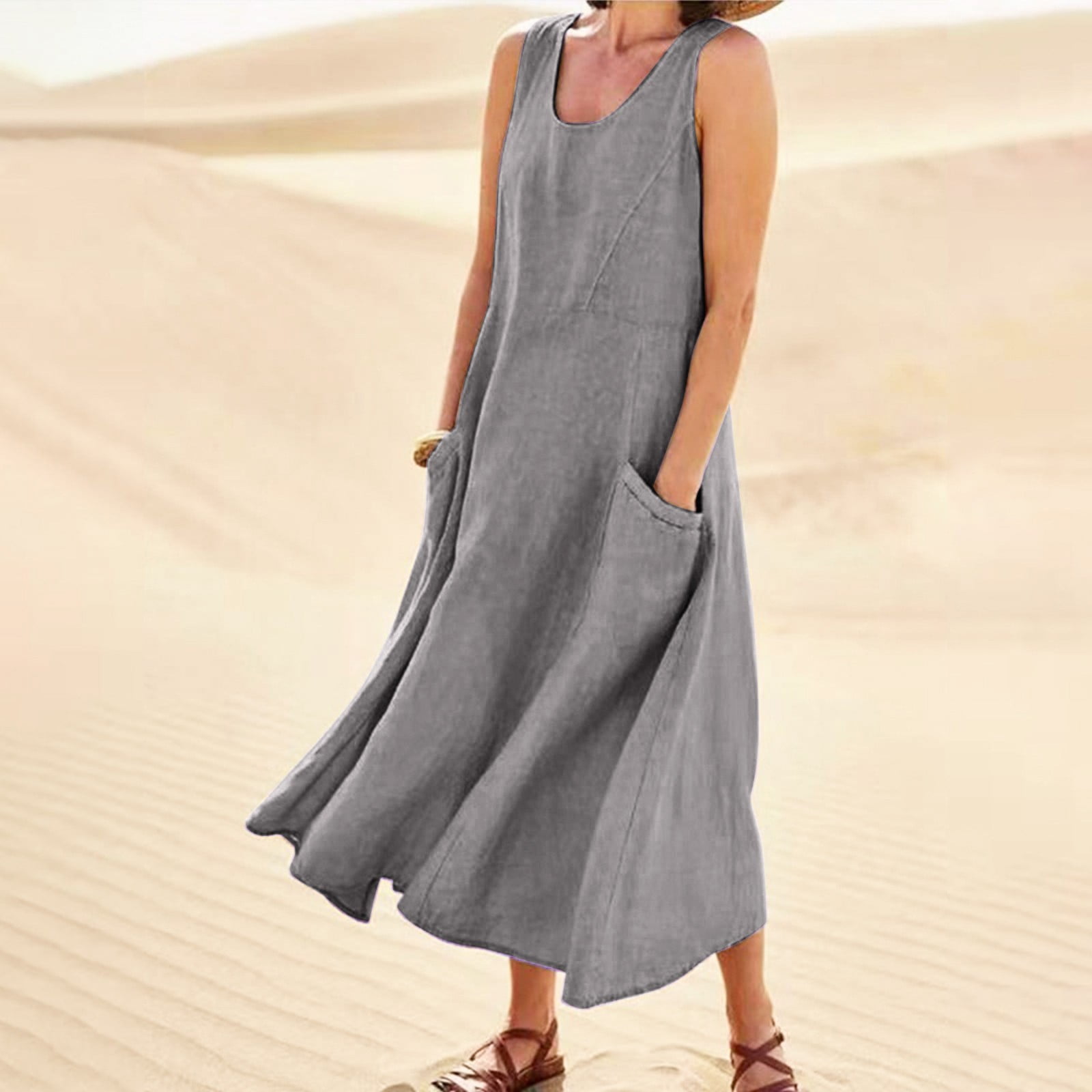 Vacation Outfits for Women Casual Work Dresses for Women Long Sleeve Dresses  Tight Petite Winter Dress plus Size Summer Dress with Pockets Womens Solid  Color Round Neck Pockets Casual Long Gray 3XL -