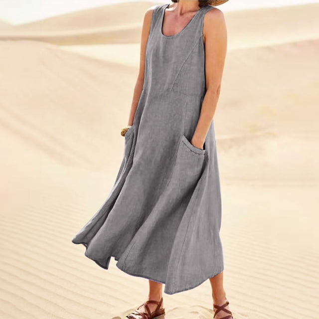 WILLBEST Sandwich Dressing Womens Solid Color Round Neck Pockets Casual Long Dress Daily Tank Dress