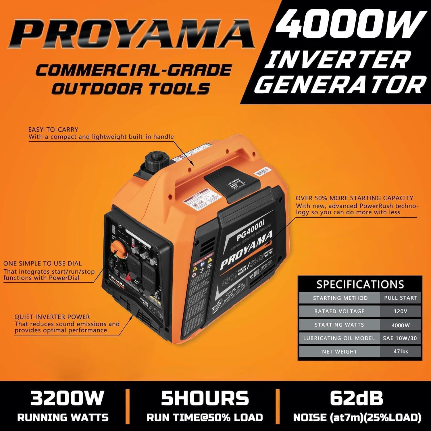 PROYAMA 4000-Watt Portable Gas Inverter Generator, CO Sensor Low Oil Shutdown LED Light, Super Quiet