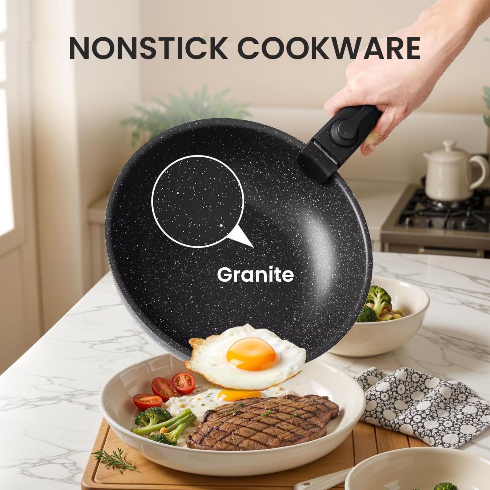Simple Deluxe 12Pcs Pots and Pans Set, Nonstick Cookware Sets, Black Granite Induction Cookware with Detachable Handle, Black