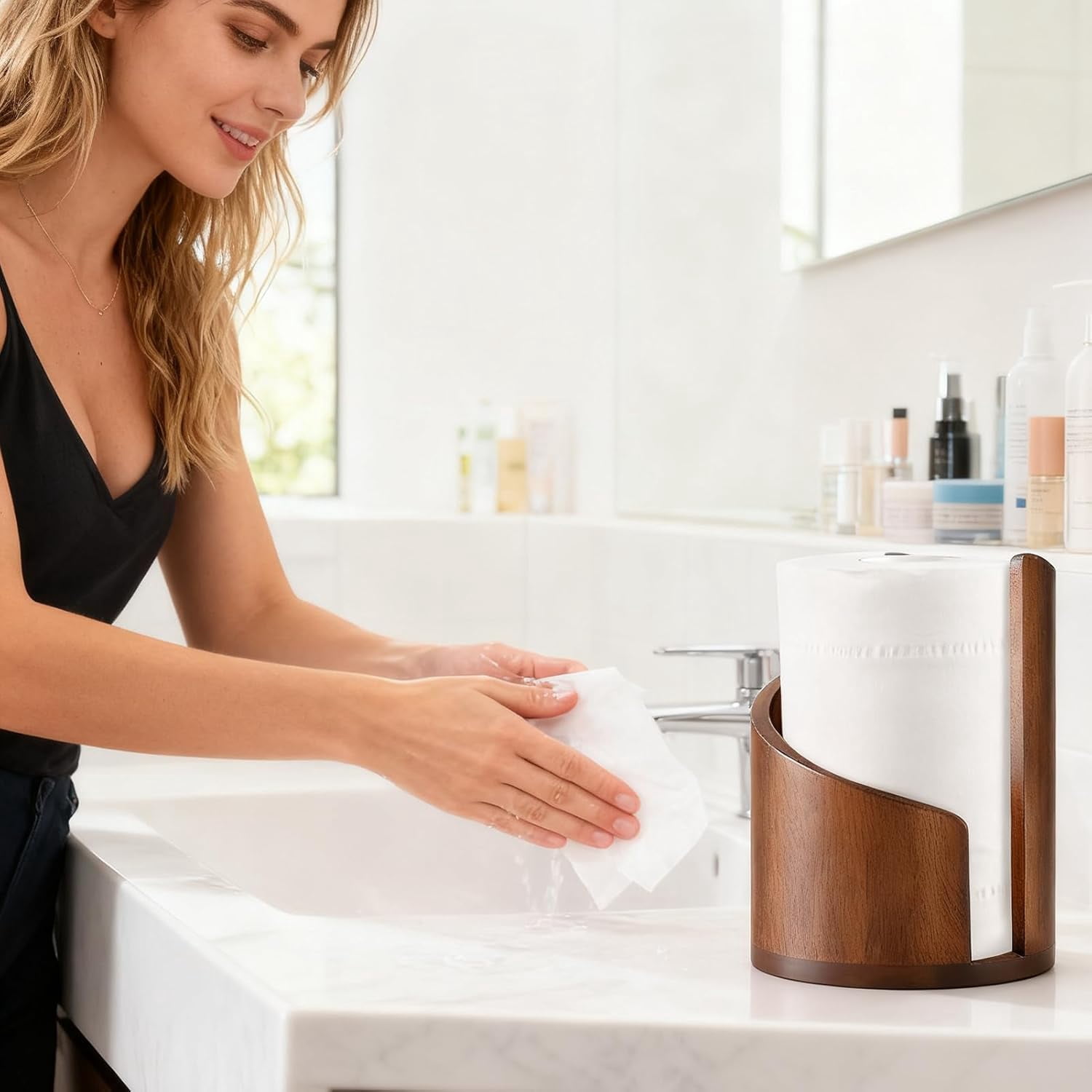 Wooden Paper Towel Holder - Stylish Wooden Roll Holder, Farmhouse Paper Towel Stand | Reusable Roll Stand for Bathroom Dining Table Cabinet Farmhouse Shelf Home Apartment