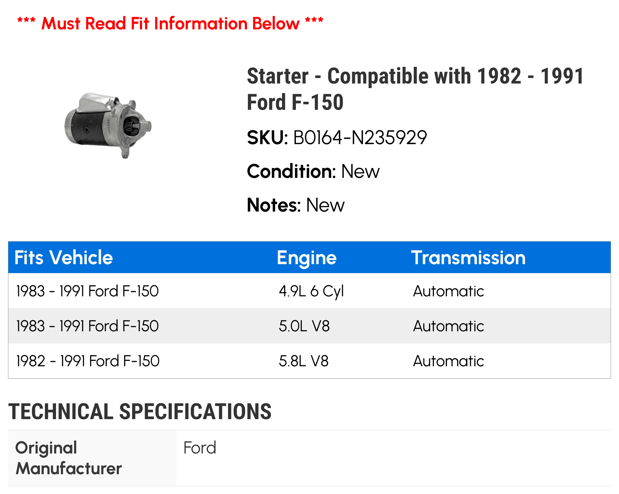Starter - Compatible with 1982 - 1991 Ford F-150 1983 1984 1985