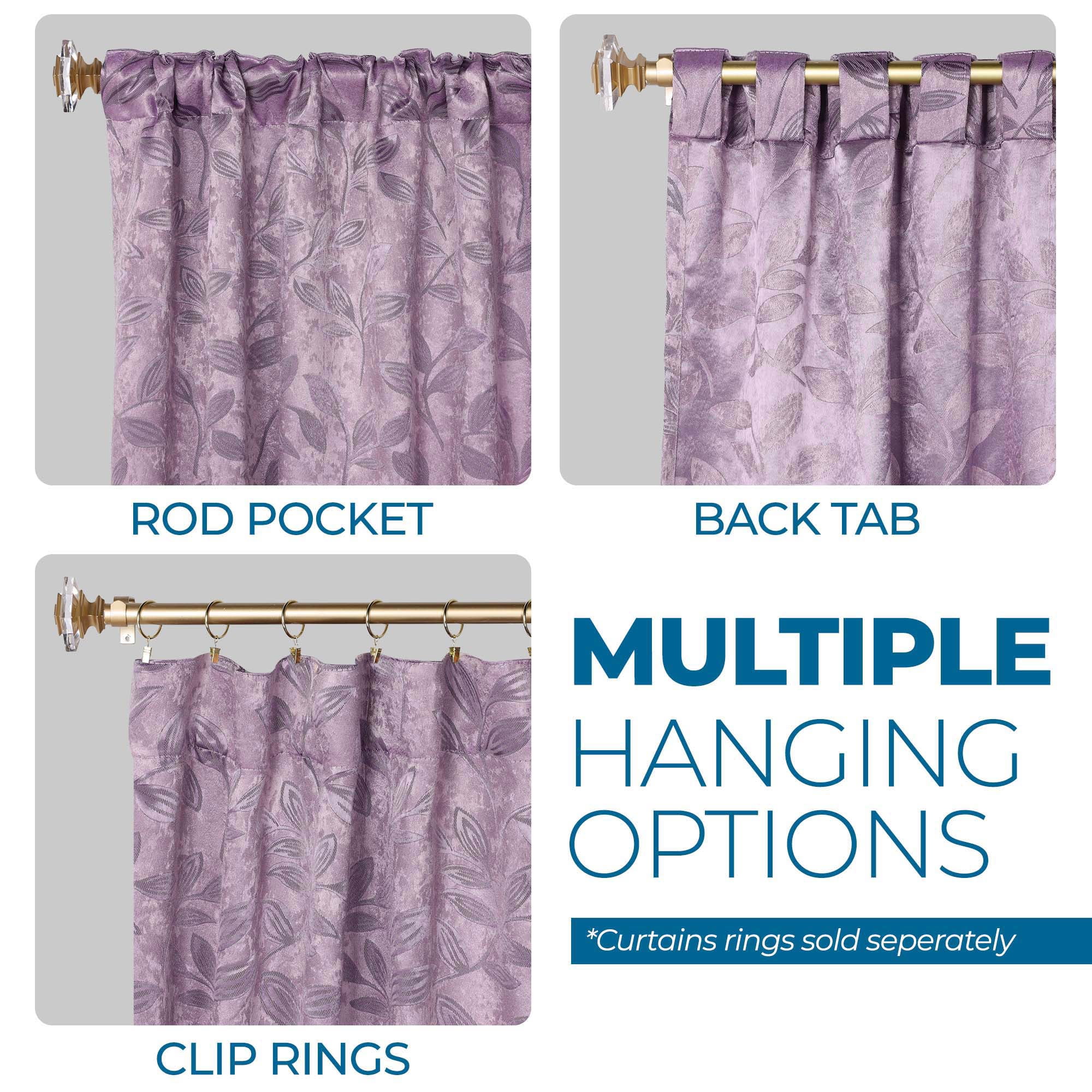 Superior Blackout Leaves Back Tab Curtains Set of 2, Light Filtering Curtain Panel Set, Wisteria, 52"W x 96"L