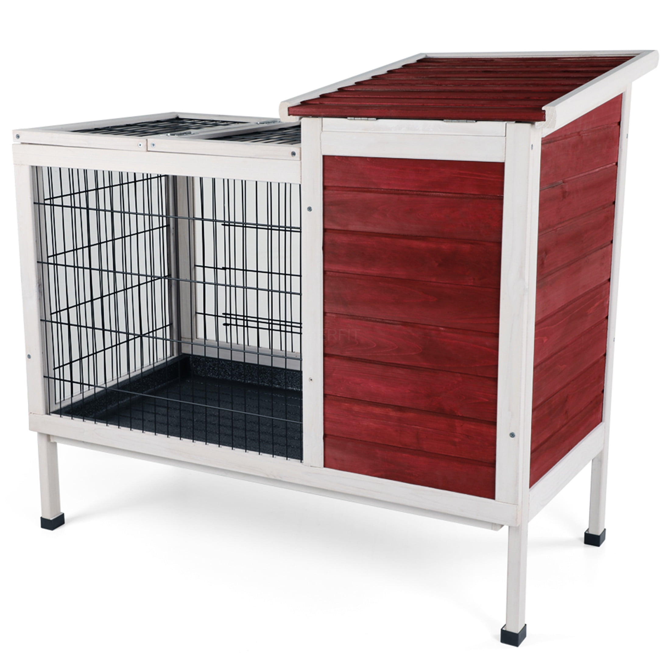JERFIT 2-Story Rabbit Hutch with Outdoor Run, Leak-Proof Tray & Waterproof Roof - Solid Wood Cage for Rabbits, Guinea Pigs, Ferrets