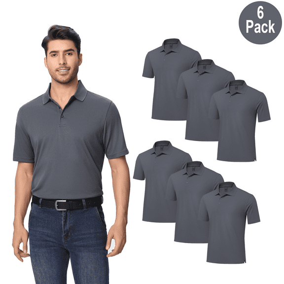 Zfeel High Performance Dry Fit Poly Polo Shirt for Men, Short Sleeve Collared, lron Grey, 6 Pack S