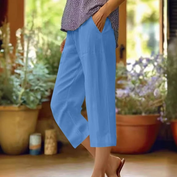 Cagogo Plus Size Women's Capri Pants Mid Rise Casual Elastic Waisted Pants with Pockets Solid Basic Lounge Trousers Officewear Cropped Summer Work Beach Clothes, Sky Blue XL