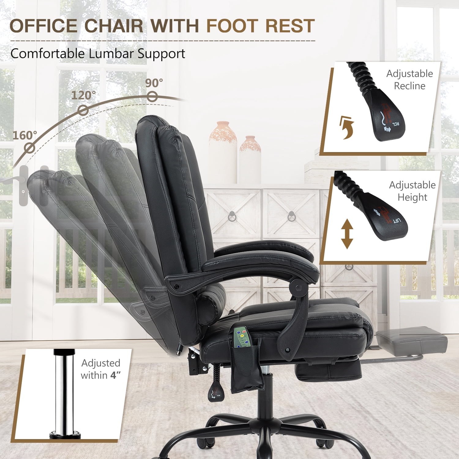 Homhum Ergonomic Office Chair with 6 Massage Points, Executive Office Chairs with Footrest, Black