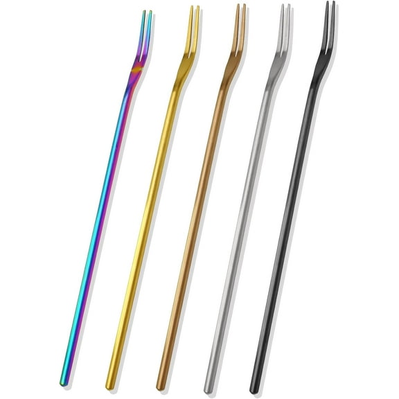 5 Pcs Pickle Fork Olive Forks, 8.66 Inches Long Handle Appetizer Forks Stainless Steel Cocktail Forks, 2 Prong Fruit Fork Pickle Grabber, Multicolor