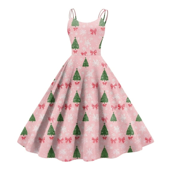 Women's Christmas Print Casual Fashion Round Neck Mid-Length Dress with Vintage Style for Holiday Parties and Casual Outings,Pink,L