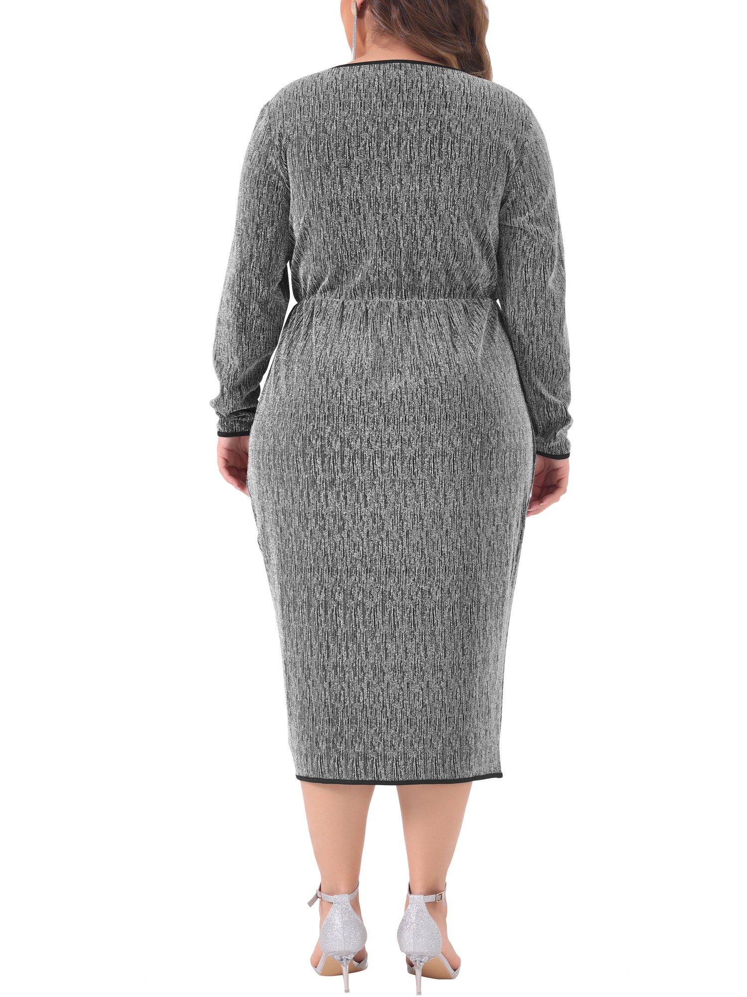 DARING DIVA Plus Size Sparkly Glitter V Neck High Slit Sequin Dress 3X Silver