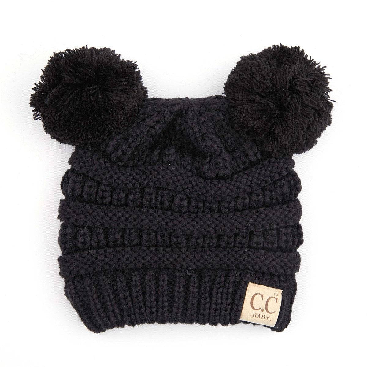 CC Baby Double Pom Cable Knit Yarn Pom Newborn to 9 Months Infant Beanie Light Grey - Soft, Warm Hats for Babies and Toddlers - Cozy Winter Wear