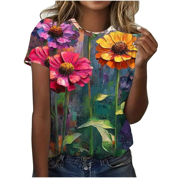 Youyipin Womens Tops Summer Floral Daisies Flower Print Women's Summer Tops Casual Yet Dressy Short Sleeve Polyester Pullover Shirts Graphic Tees For Women
