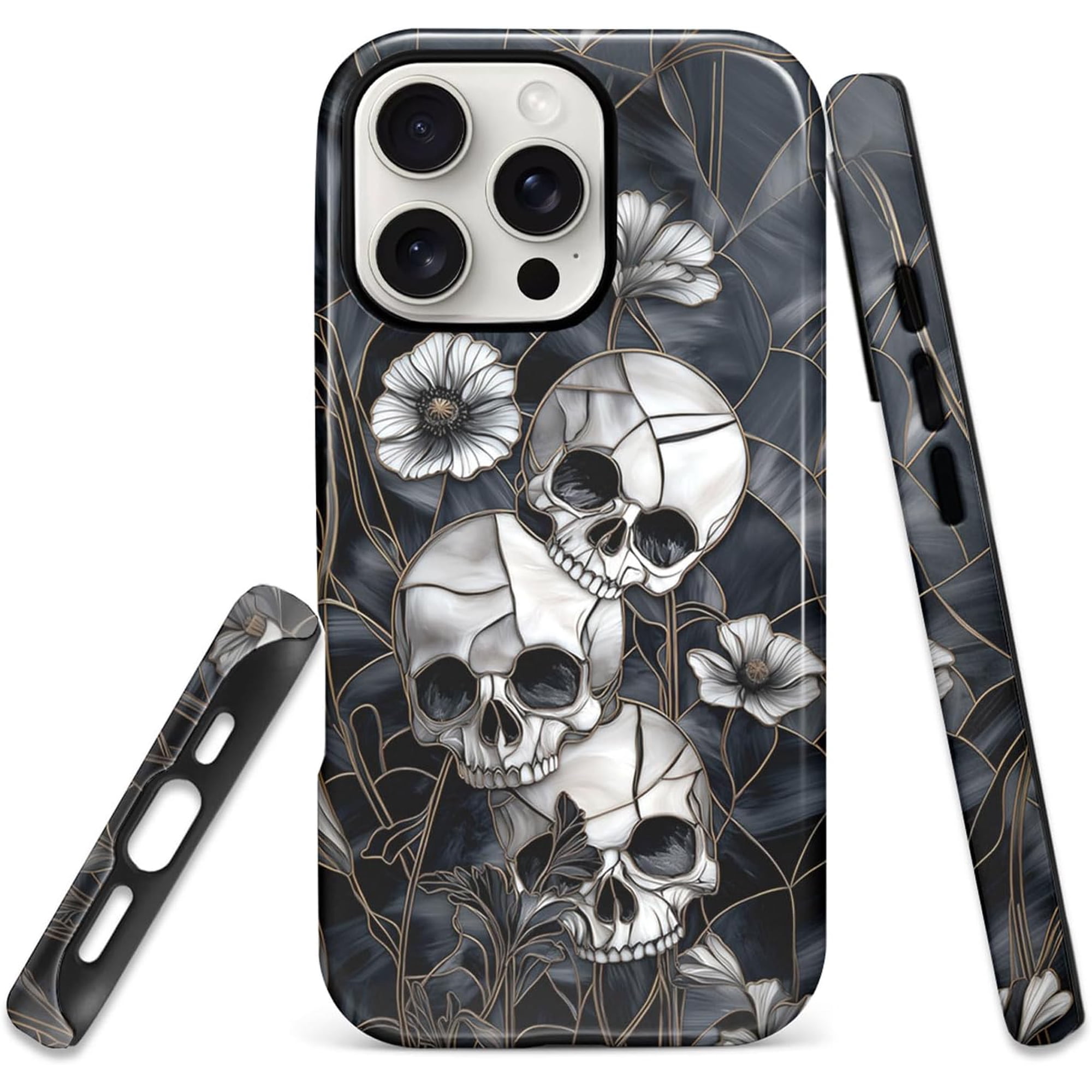 for iPhone 15 Pro Max Case 2-Layer Protection TPU Silicone and Pc Hard Shell Gothic Skeleton Wildflowers Pattern Design,Anti-Drop Aesthetic Protection of Phone Cases