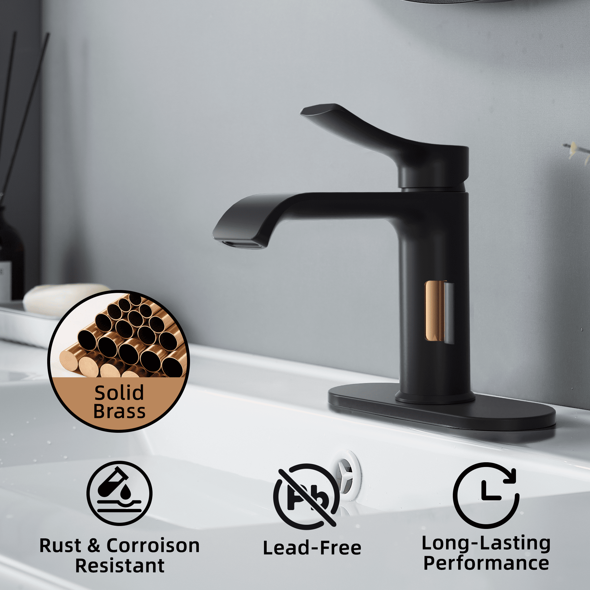 BELZ Bathroom Faucet Waterfall Spout Bathroom Sink Faucet with Single Handle with Pop Up Drain and Deck Plate Suitable for 1 or 3 Holes,Brushed Steel