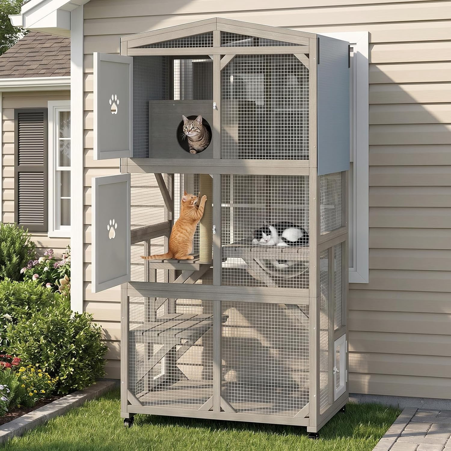 66" Tall Portable Catio Outdoor Cat Enclosure with Wheels, Window Connection Cat House, 4-Tier Activity Center with Acrylic Pod