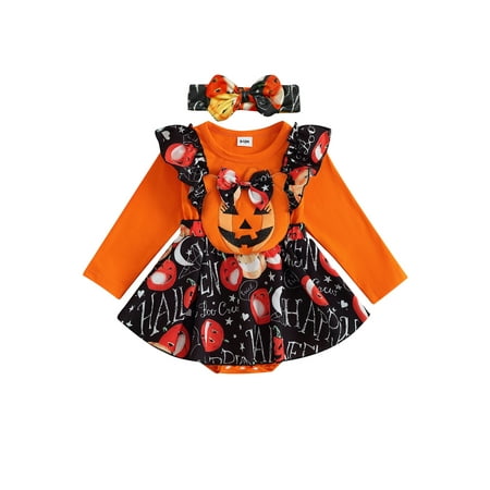 

Baby Girl Halloween Outfit Pumpkin Letters Print Romper Headband