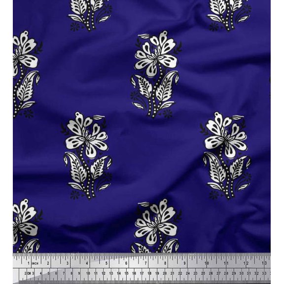 Soimoi Silk Fabric Leaves & Floral Block Decor Fabric Printed Yard 42 Inch Wide