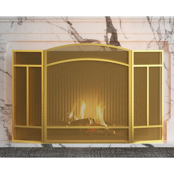 Fire Beauty Fireplace Screen 3 Panel Wrought Iron 48"(L) x 29"(H) Spark Guard Cover(Golden Dusting)