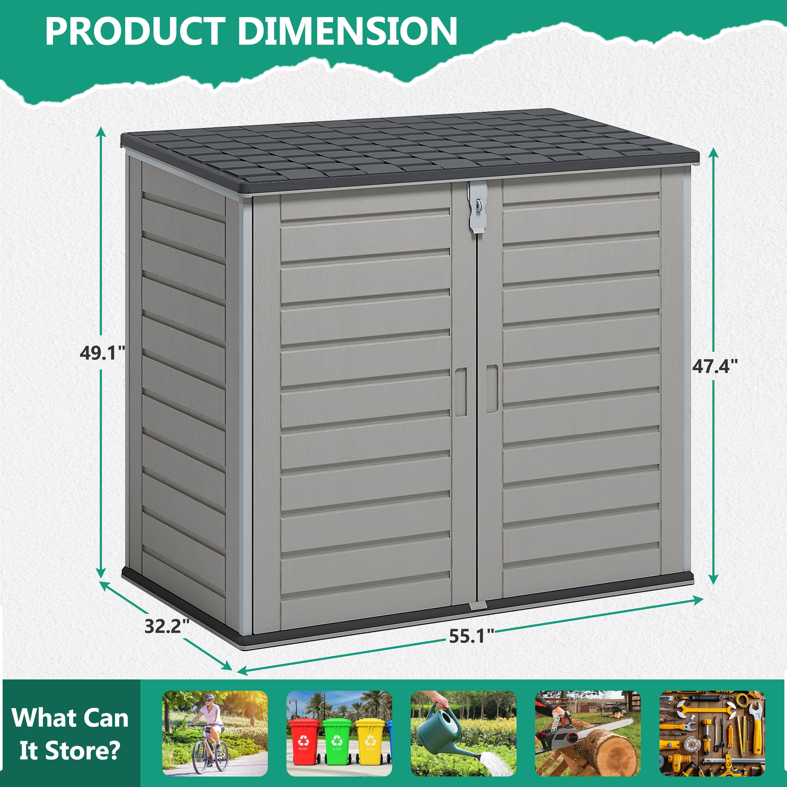 Resin Outdoor Storage Shed, 51 Cu Ft Waterproof Storage Box, Multi-Purpose Storage Cabinet for Garden Accessories, Bikes, Carbage, Lockable, Hinged Lid - Gray