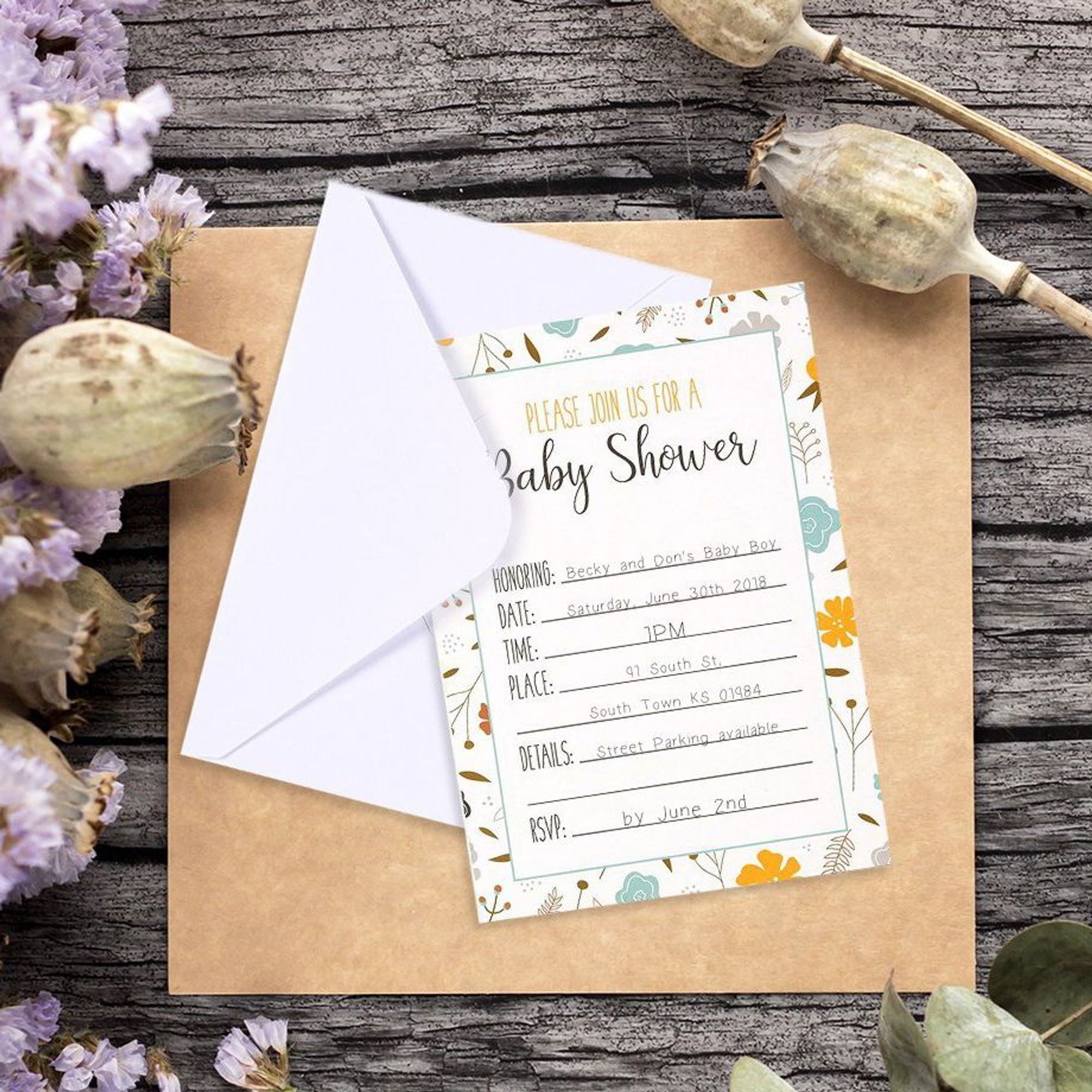 50-Pack Baby Shower Invitations - Adorable Floral Design Invite Cards for your Celebration - Includes 50 White Envelopes - 5 x 7 inches