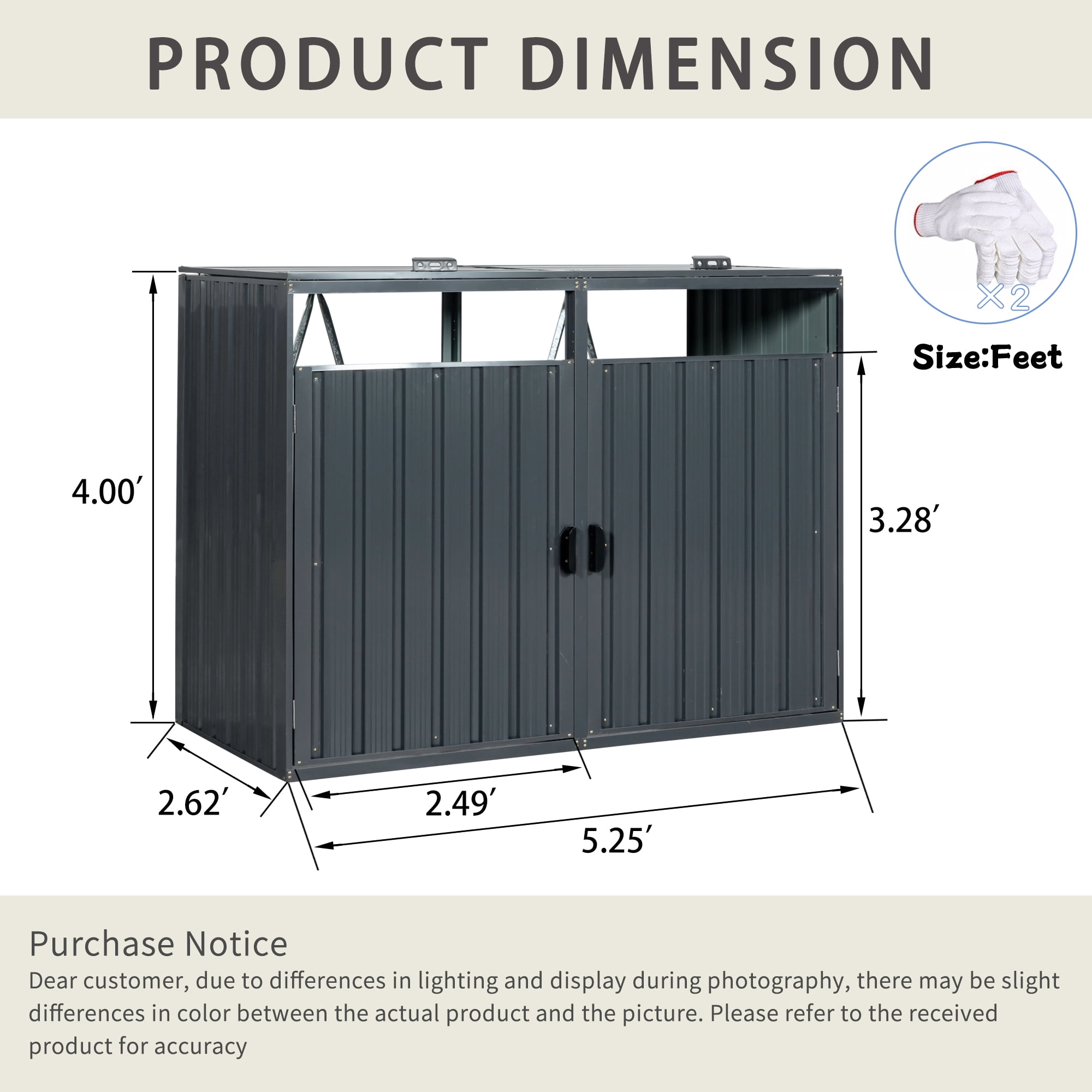 Trash Bin Storage Shed, Metal Outdoor Bin House for Double Garbage Can Storage Garden Yard Lawn, Charcoal Grey